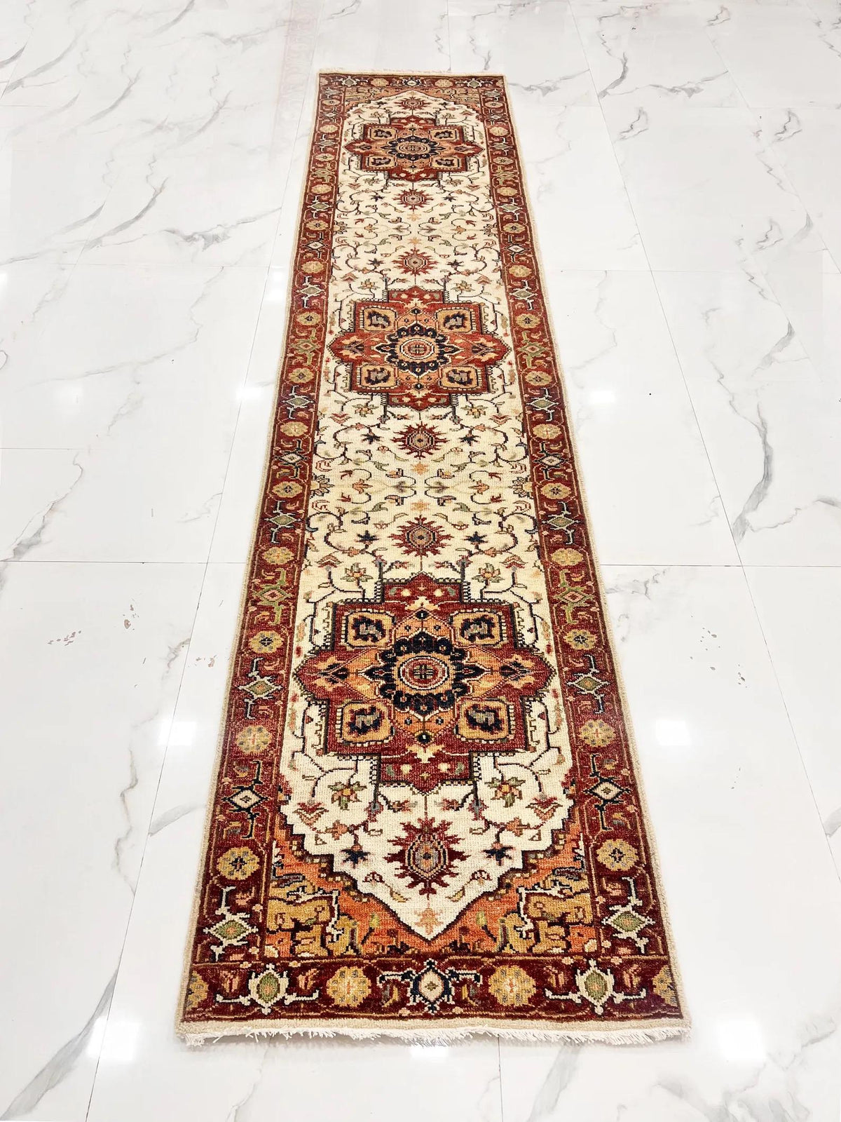 Hand knotted Heriz Serapi Wool Rug – Rust ivory Area Rug 6×9, 8×10, 10x14 ft – Persian Style Burgundy Serapi Rug for Living Room & Bedroom