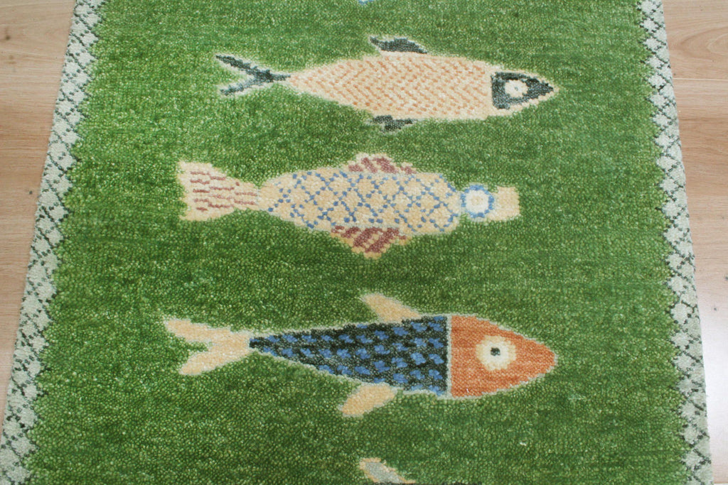 Hand-Knotted Wool Koi Fish Runner – Moss Green Artisan Fish Rug – Custom Sizes Available