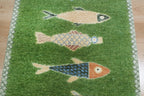 Hand-Knotted Wool Koi Fish Runner – Moss Green Artisan Fish Rug – Custom Sizes Available