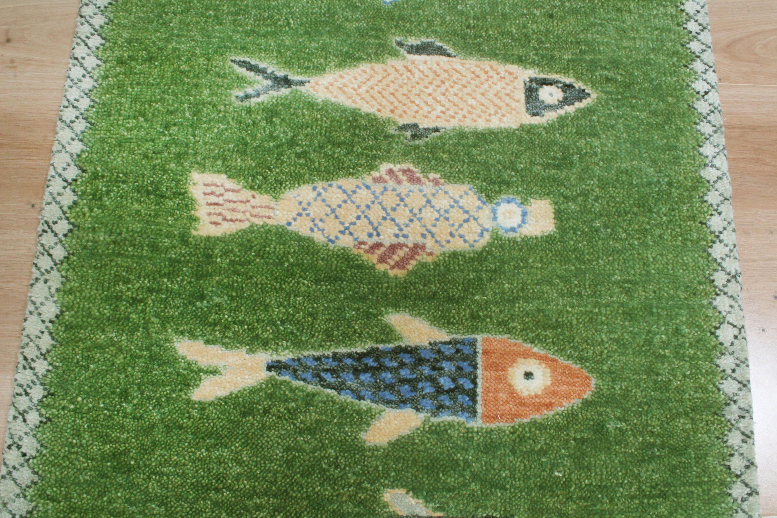 Hand-Knotted Wool Koi Fish Runner – Moss Green Artisan Fish Rug – Custom Sizes Available