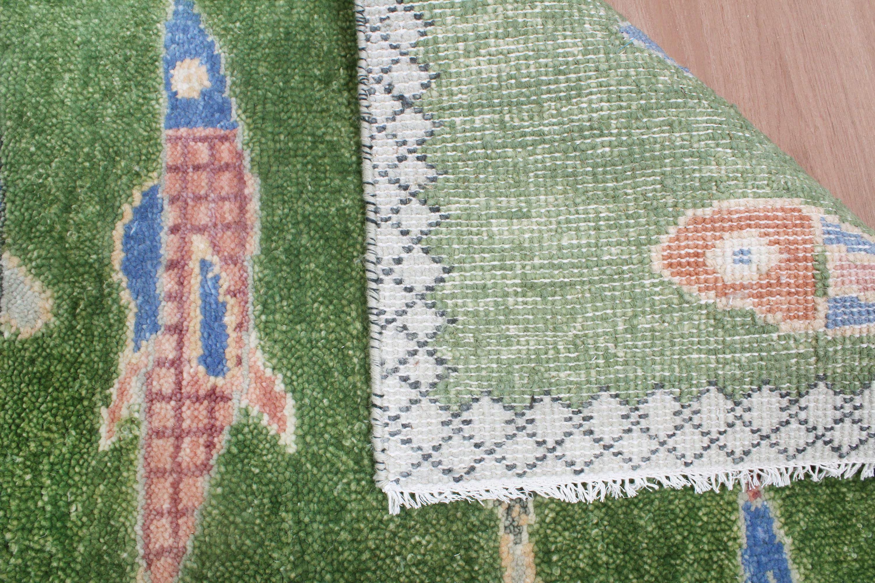 Hand-Knotted Wool Koi Fish Runner – Moss Green Artisan Fish Rug – Custom Sizes Available