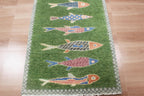 Hand-Knotted Wool Koi Fish Runner – Moss Green Artisan Fish Rug – Custom Sizes Available