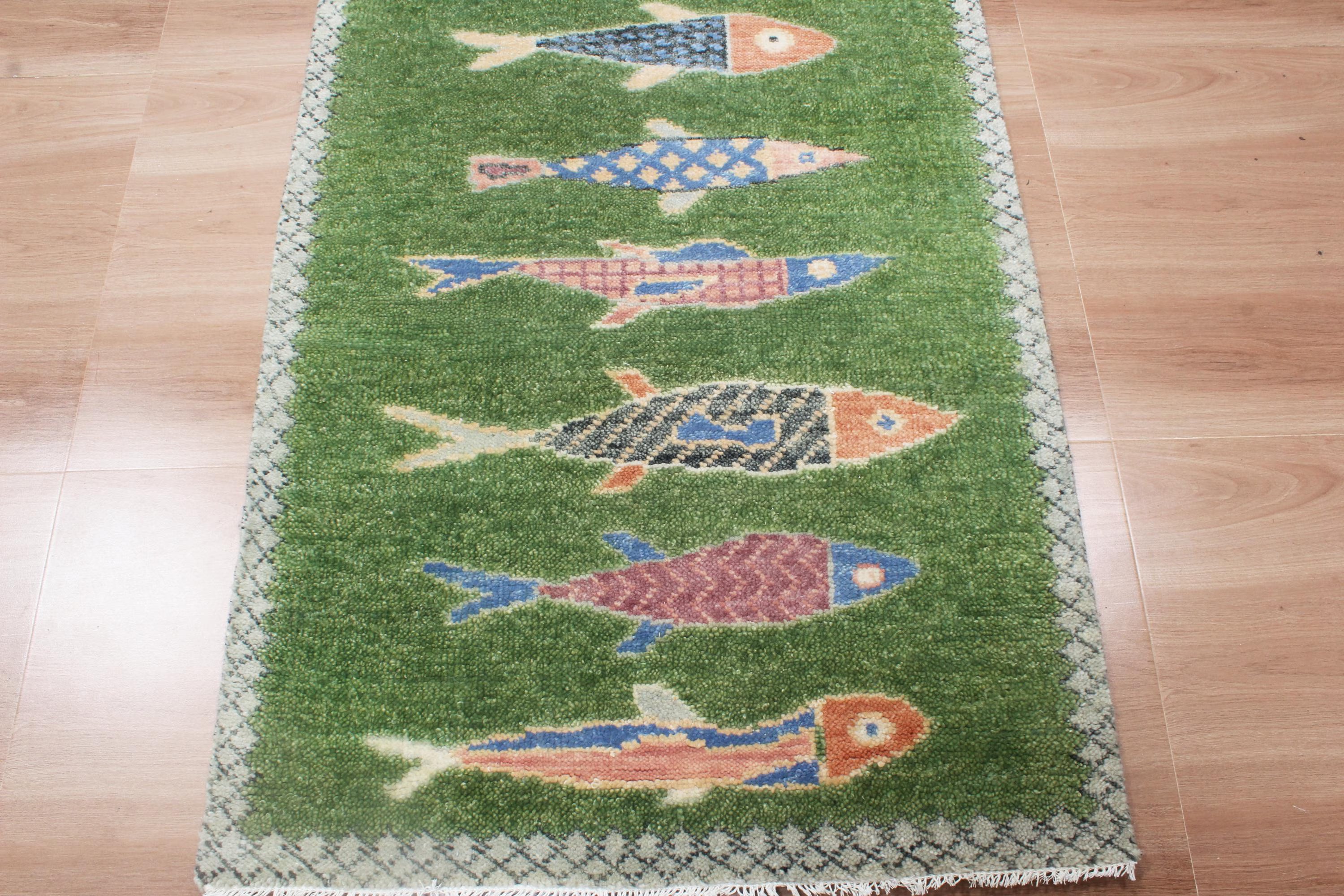 Hand-Knotted Wool Koi Fish Runner – Moss Green Artisan Fish Rug – Custom Sizes Available