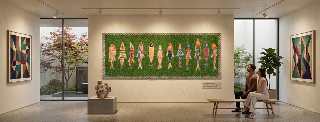 Hand-Knotted Wool Koi Fish Runner – Moss Green Artisan Fish Rug – Custom Sizes Available