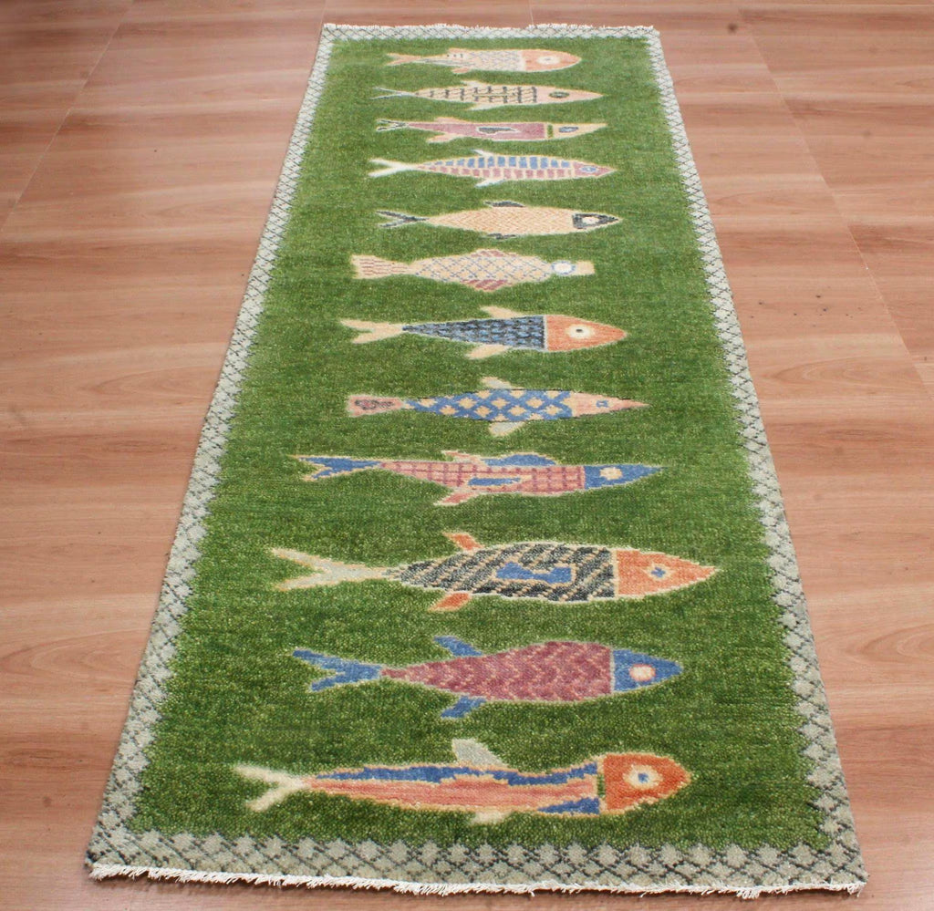 Hand-Knotted Wool Koi Fish Runner – Moss Green Artisan Fish Rug – Custom Sizes Available