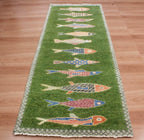 Hand-Knotted Wool Koi Fish Runner – Moss Green Artisan Fish Rug – Custom Sizes Available