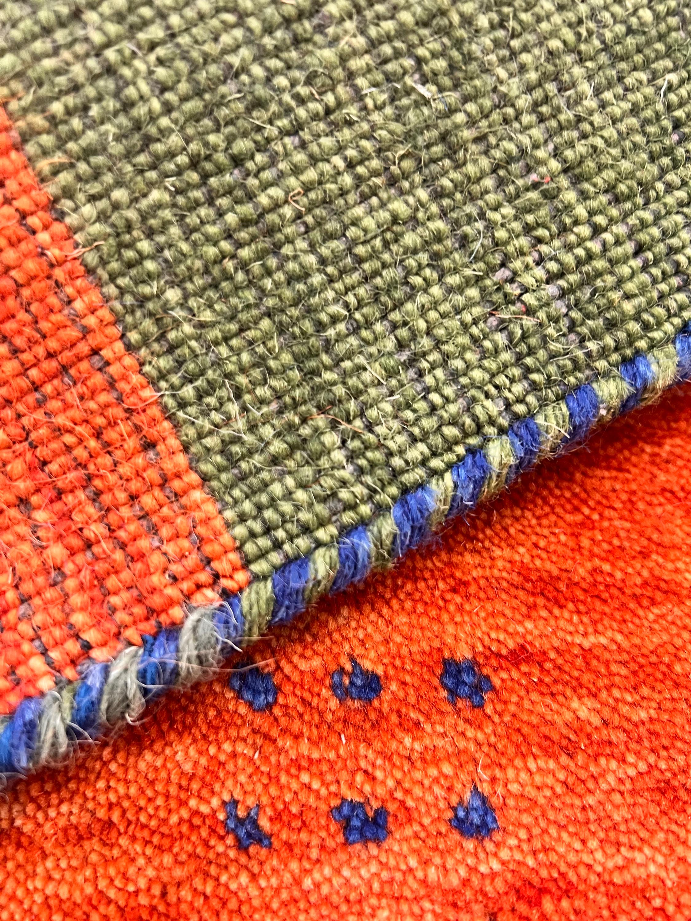 Quick ship! 2x3 ft Colorful Tricolor- burnt orange, green and blue  -Authentic Hand-Knotted Wool Gabbeh Accent Rugs, Simi Rugs, Bedside rug