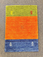 Quick ship! 2x3 ft Colorful Tricolor- burnt orange, green and blue  -Authentic Hand-Knotted Wool Gabbeh Accent Rugs, Simi Rugs, Bedside rug