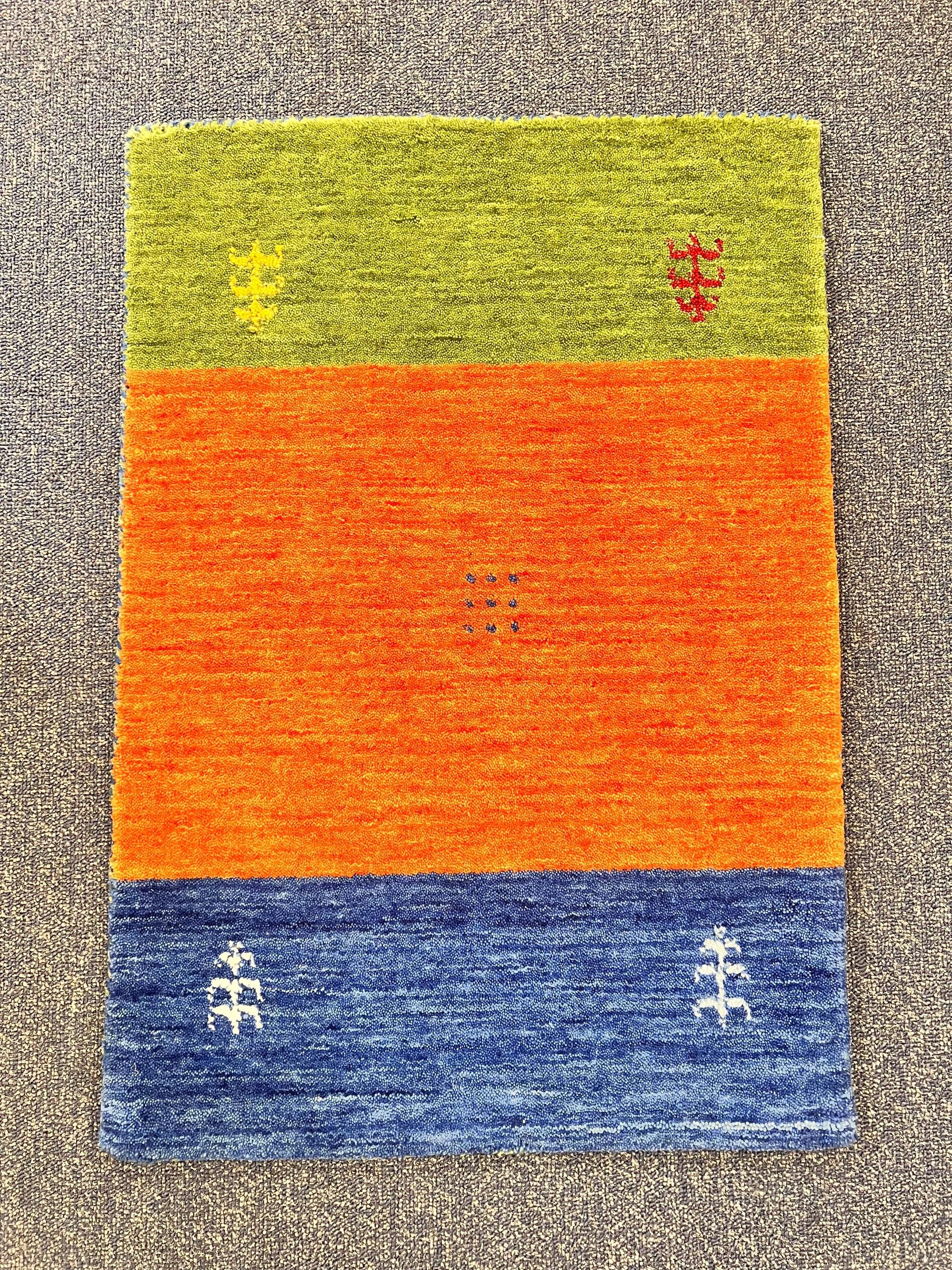 Quick ship! 2x3 ft Colorful Tricolor- burnt orange, green and blue  -Authentic Hand-Knotted Wool Gabbeh Accent Rugs, Simi Rugs, Bedside rug
