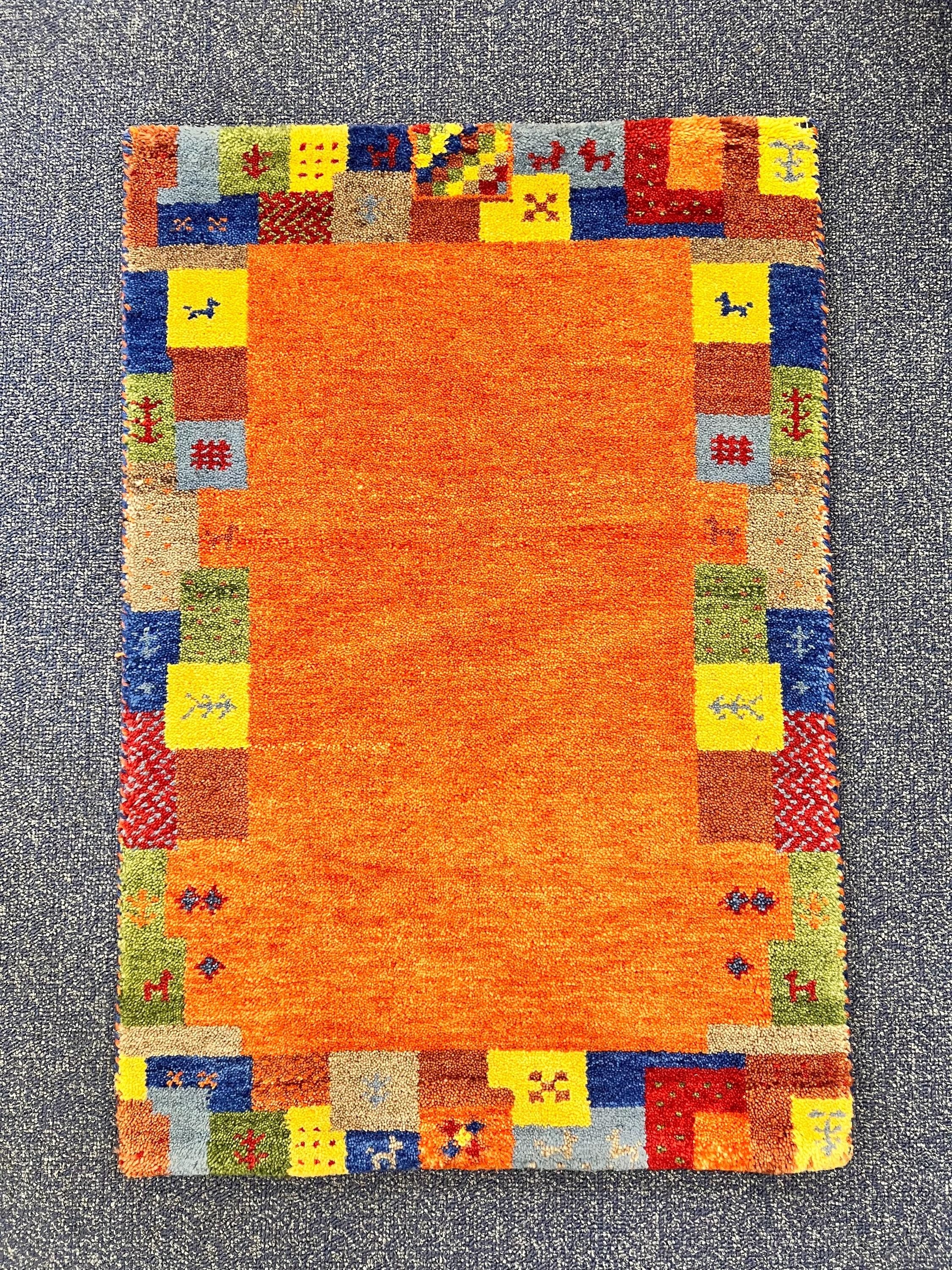 Quick ship! 2x3 ft Colorful Tribal maize- burnt orange and multi  -Authentic Hand-Knotted Wool Gabbeh Accent Rugs, Simi Rugs, Bedside rug