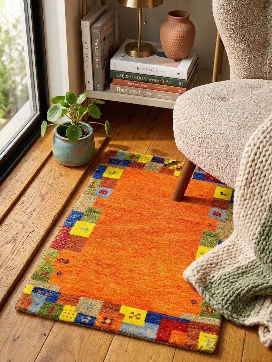 Quick ship! 2x3 ft Colorful Tribal maize- burnt orange and multi  -Authentic Hand-Knotted Wool Gabbeh Accent Rugs, Simi Rugs, Bedside rug