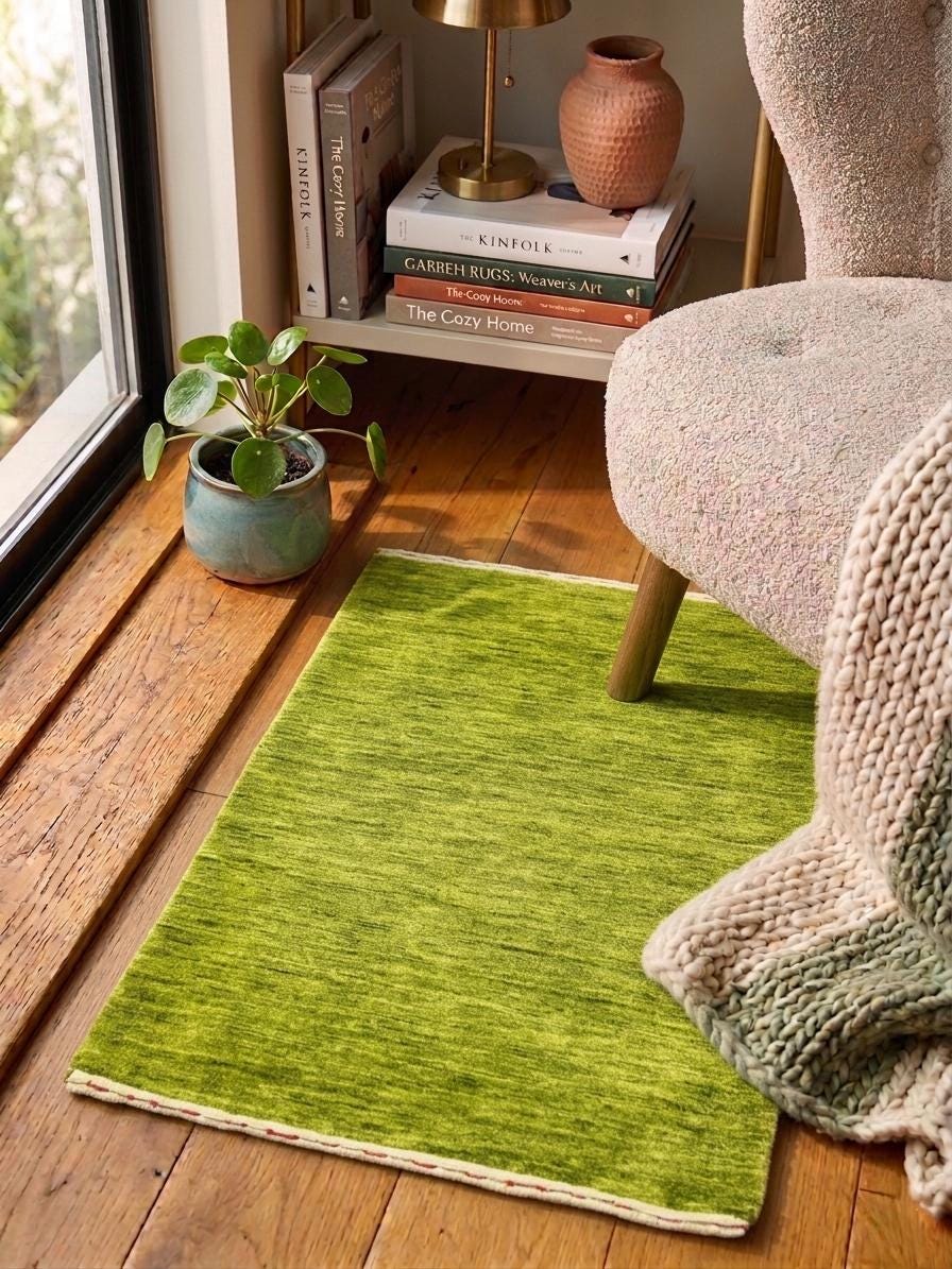Quick ship! 2x3 ft Moss green Grass Rug -Authentic Hand-Knotted Wool Gabbeh Accent Rugs, Simi Rugs, Bedside rug