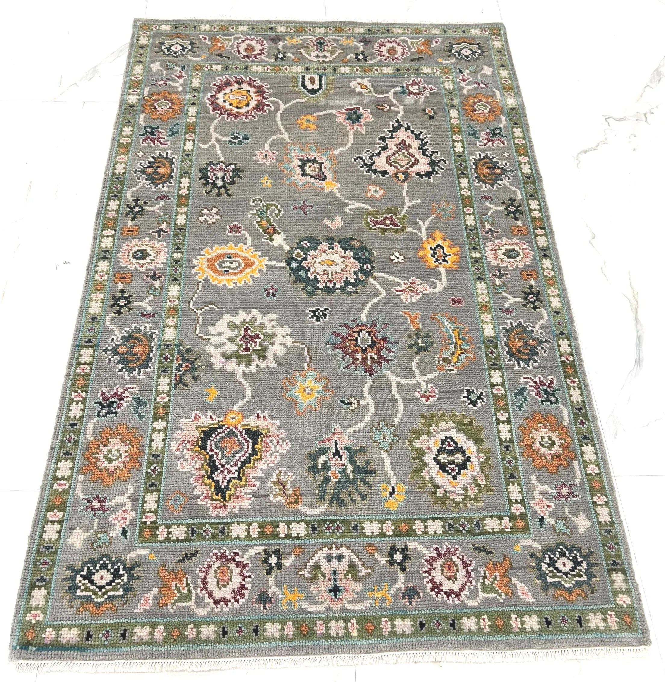 Hand Knotted Oushak Rug Grey Turkish Wool Area Rug