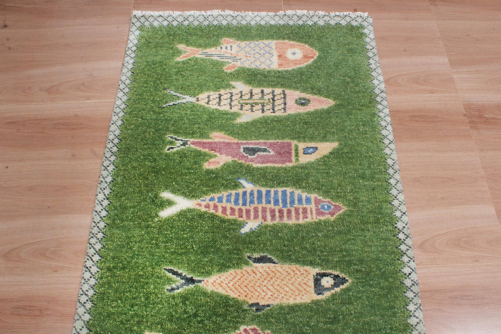 Hand-Knotted Wool Koi Fish Runner – Moss Green Artisan Fish Rug – Custom Sizes Available