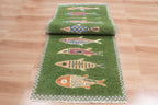 Hand-Knotted Wool Koi Fish Runner – Moss Green Artisan Fish Rug – Custom Sizes Available