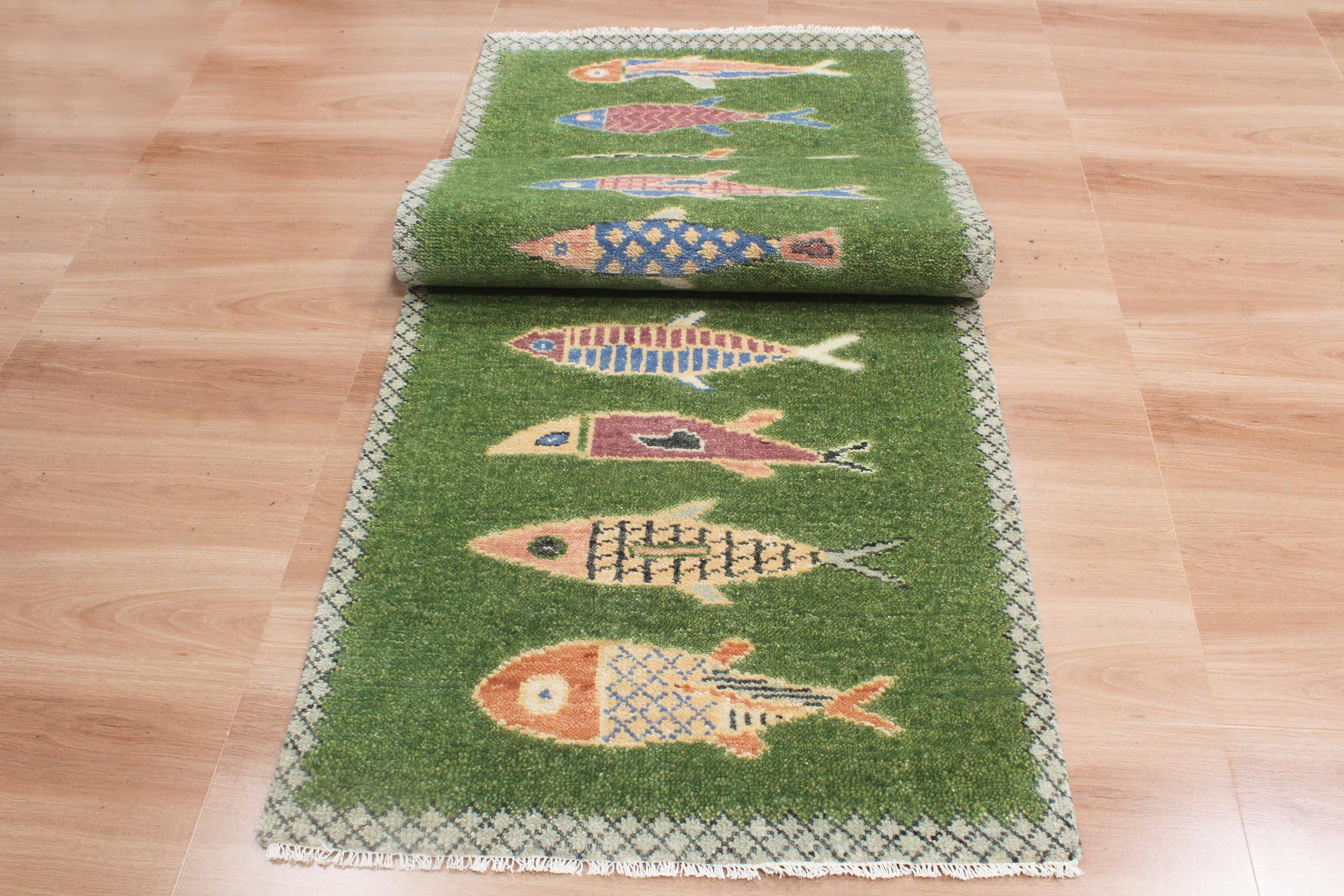 Hand-Knotted Wool Koi Fish Runner – Moss Green Artisan Fish Rug – Custom Sizes Available