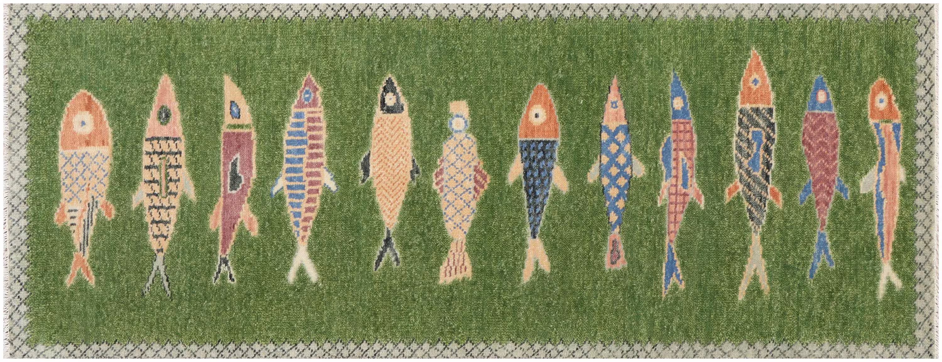 Hand-Knotted Wool Koi Fish Runner – Moss Green Artisan Fish Rug – Custom Sizes Available