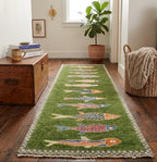 Hand-Knotted Wool Koi Fish Runner – Moss Green Artisan Fish Rug – Custom Sizes Available
