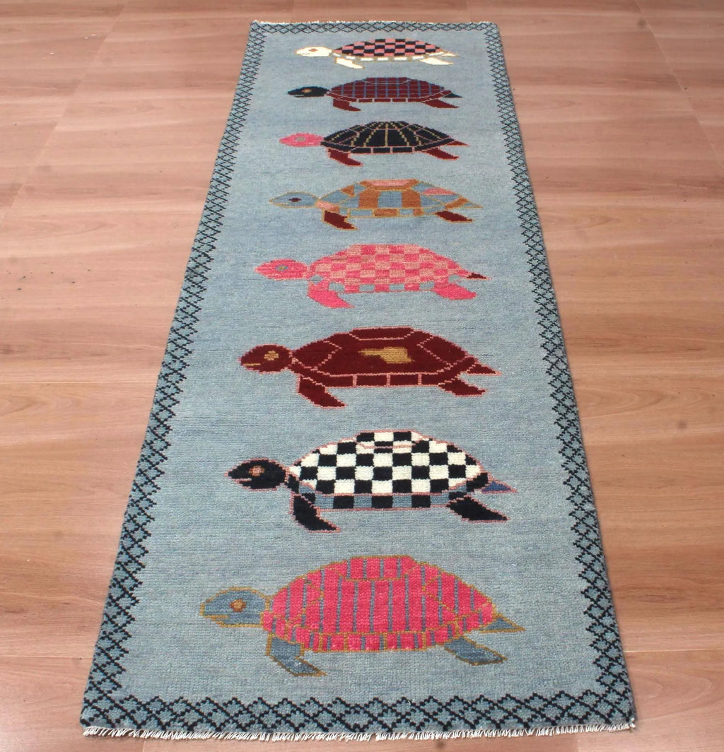 Hand-Knotted Wool Brown Light Blue Runner Rug | Custom Size Hallway & Entryway Runner | Artisan Crafted (Copy) (Copy)