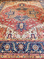 8x10 Hand Knotted Heriz/Serapi Wool Rug, 9x12 Red & Navy Traditional Persian Heriz Area Rug, Oriental Carpet for Living Room, Vintage  Rug