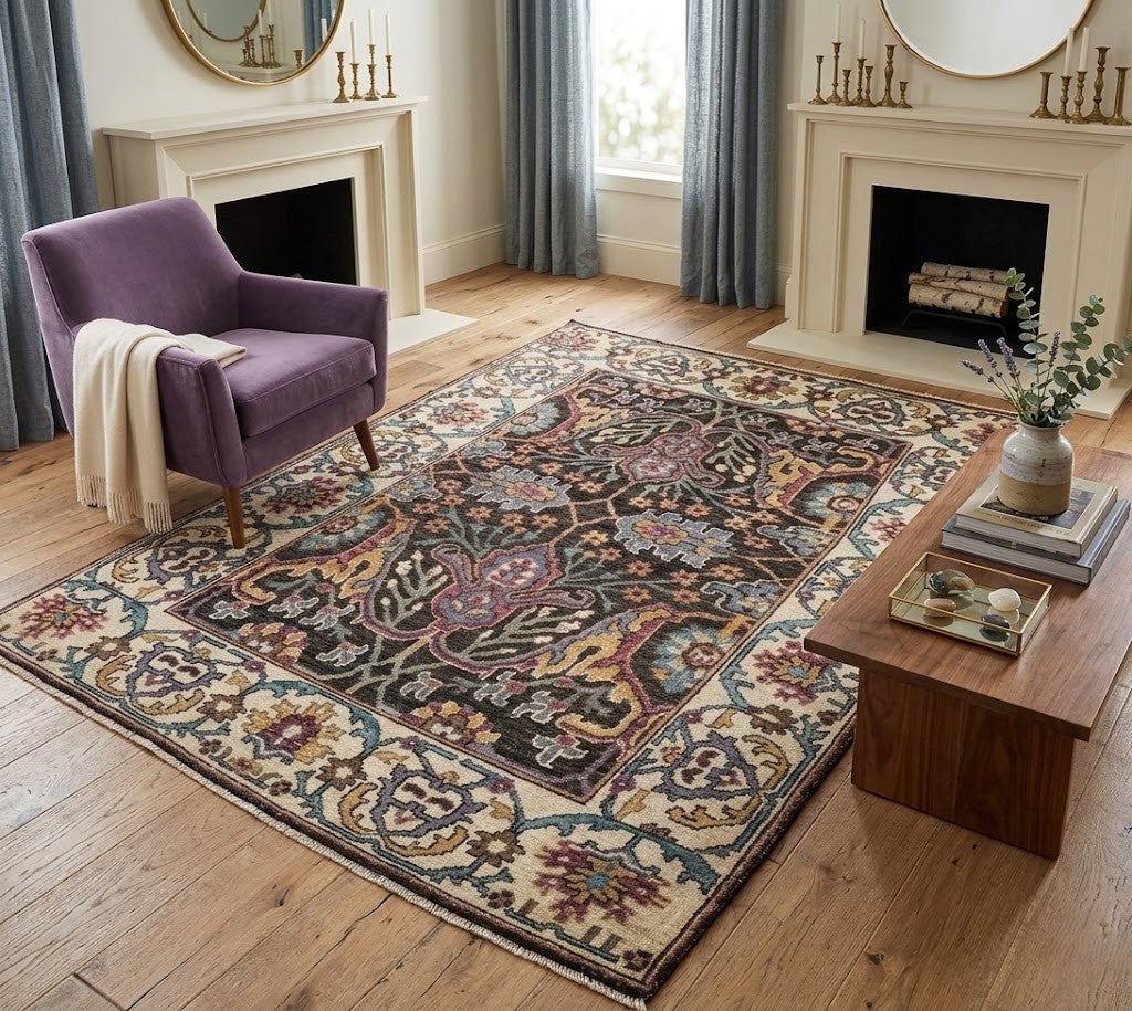 8x10 Hand-Knotted Wool Rug: Modern Traditional Medallion in Charcoal & Plum